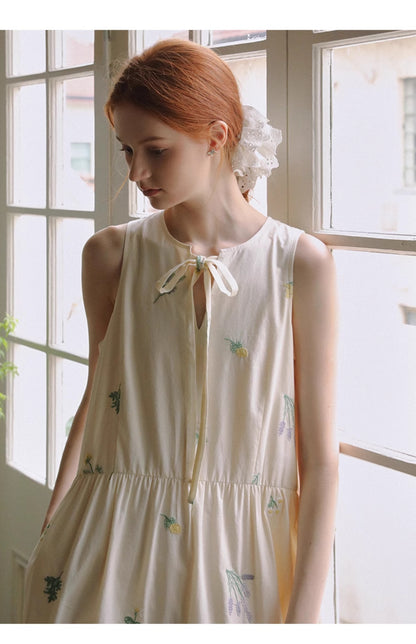 Floral Embroidered Sleeveless Dress With Tie Neck