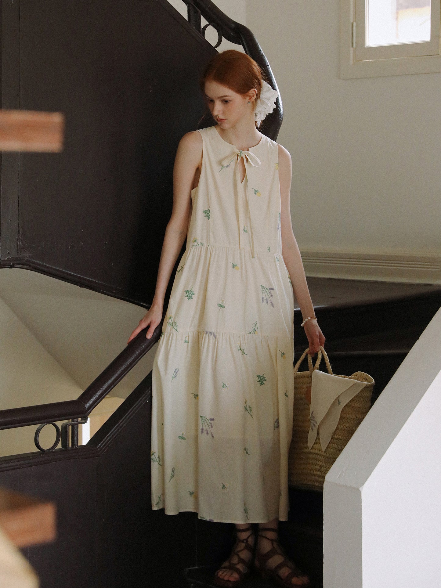 Floral Embroidered Sleeveless Dress With Tie Neck