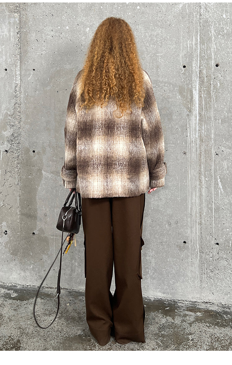 Gradient Plaid Wool Blend Short Coat