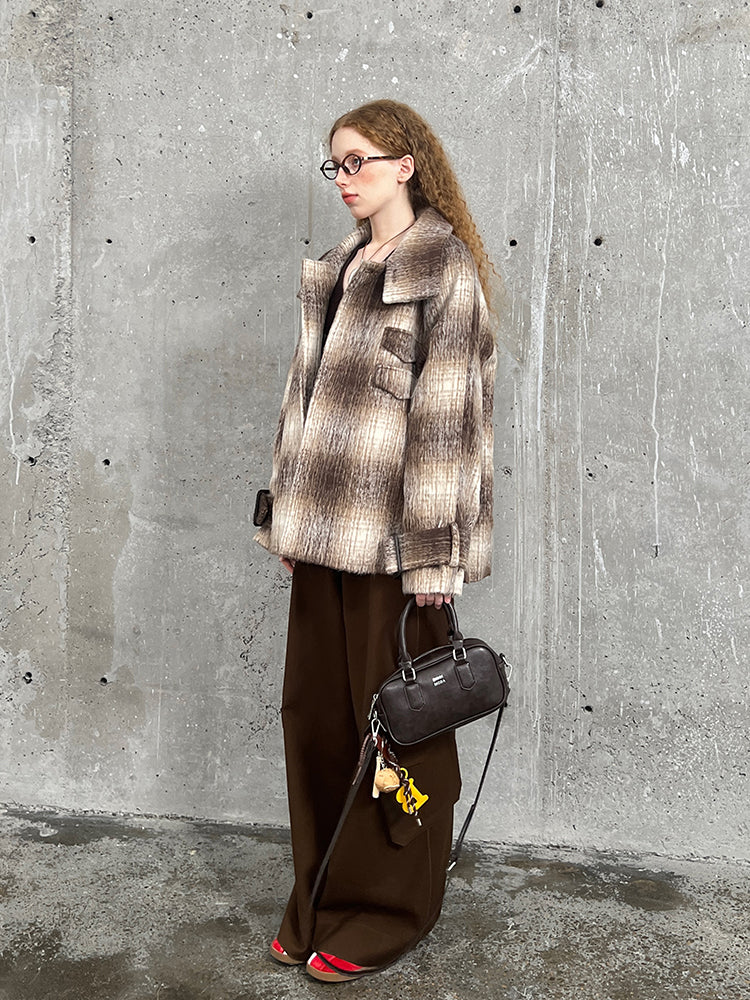 Gradient Plaid Wool Blend Short Coat