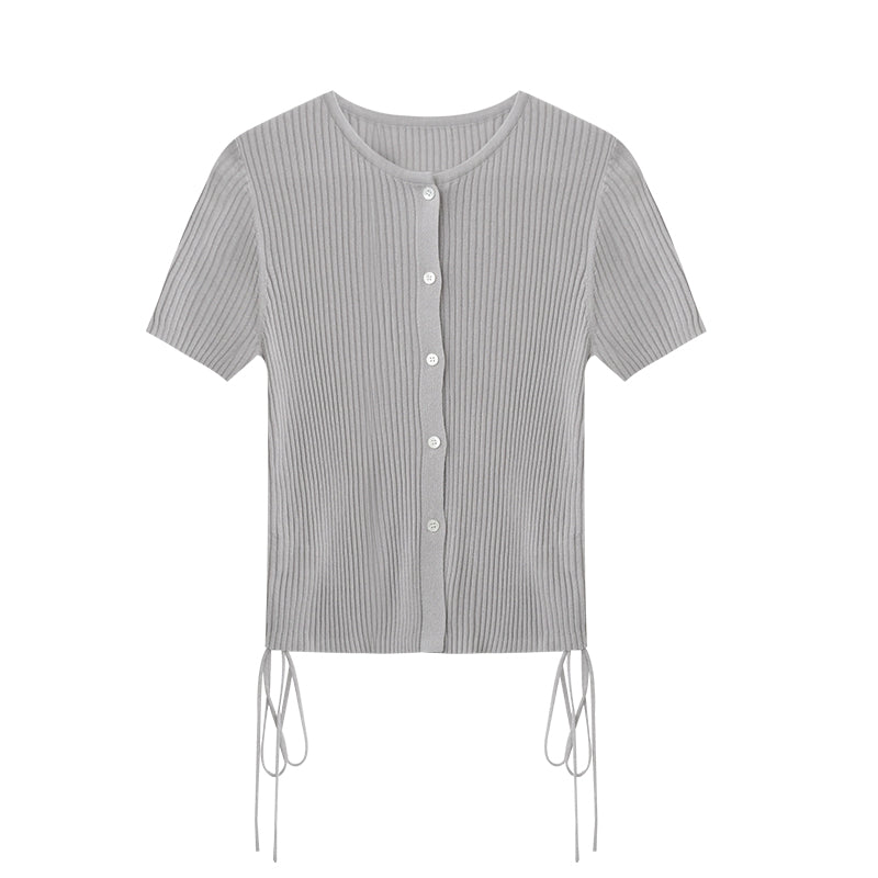 Half-Sleeve Rib Knit Top With Side Ruching