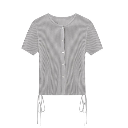 Half-Sleeve Rib Knit Top With Side Ruching