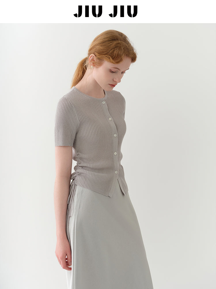Half-Sleeve Rib Knit Top With Side Ruching