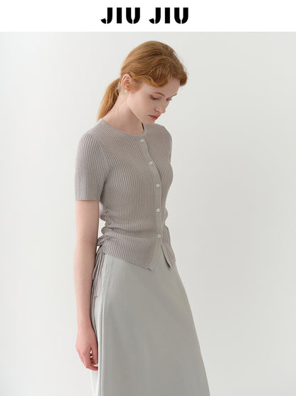 Half-Sleeve Rib Knit Top With Side Ruching