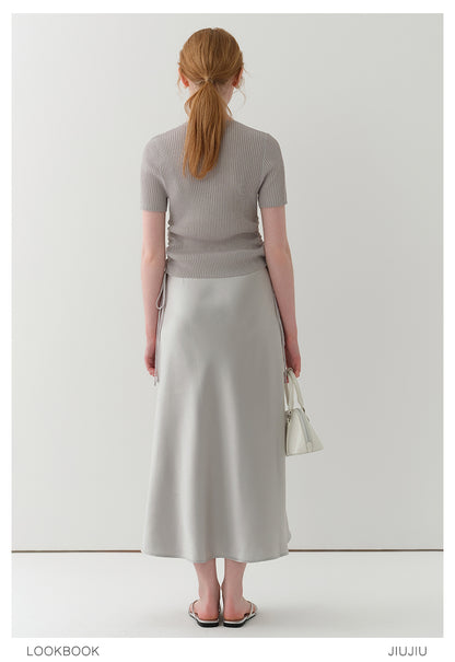 Half-Sleeve Rib Knit Top With Side Ruching