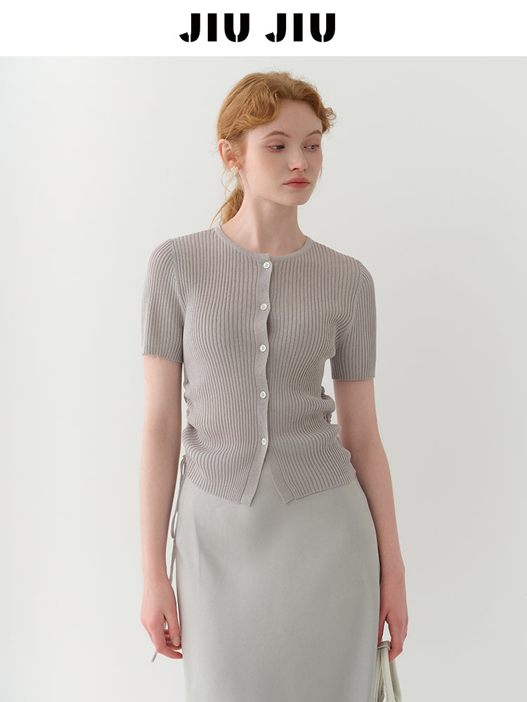 Half-Sleeve Rib Knit Top With Side Ruching