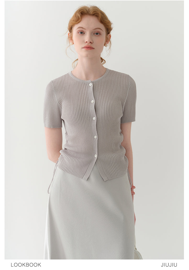 Half-Sleeve Rib Knit Top With Side Ruching