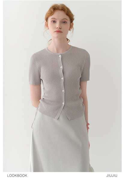 Half-Sleeve Rib Knit Top With Side Ruching