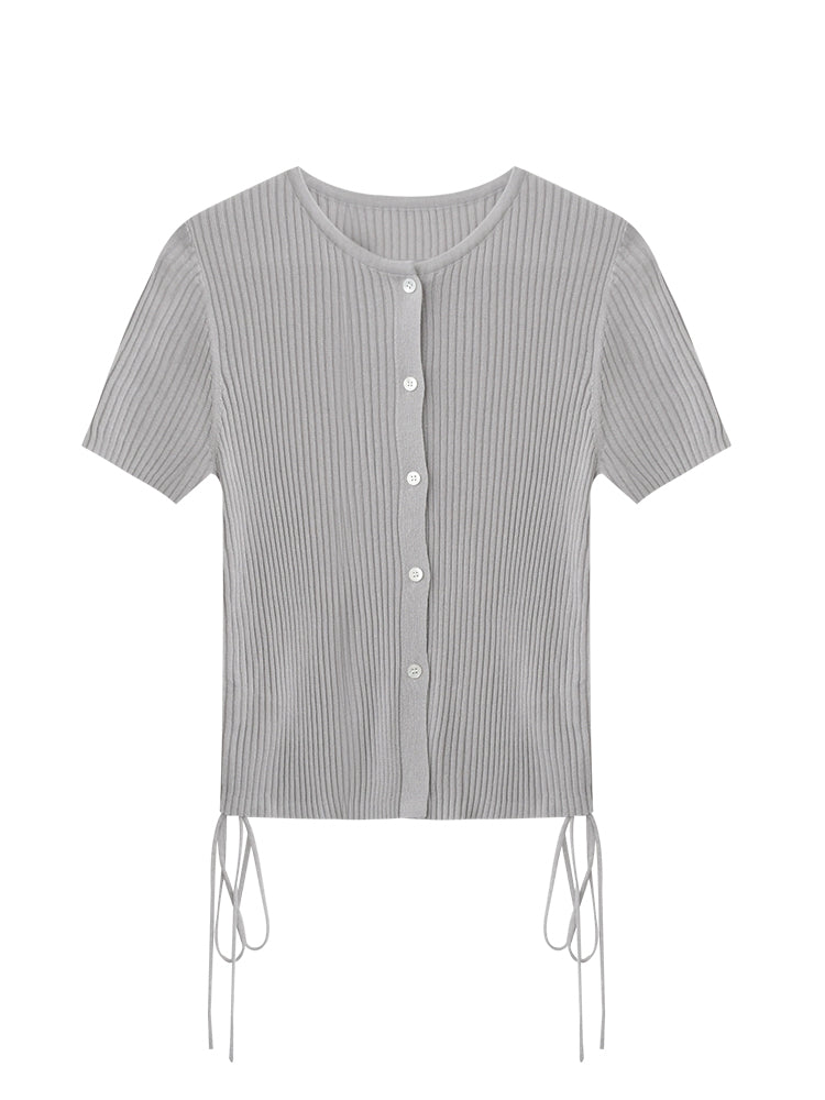 Half-Sleeve Rib Knit Top With Side Ruching