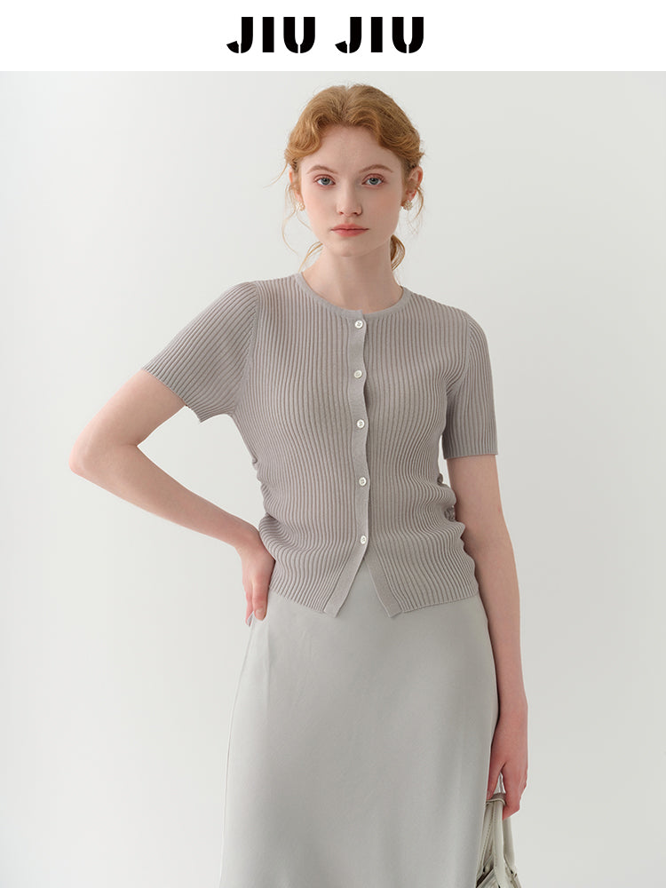 Half-Sleeve Rib Knit Top With Side Ruching