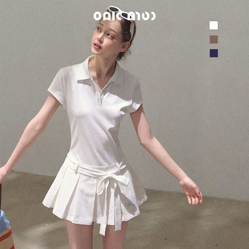 Waist-Tie Pleated Polo Dress