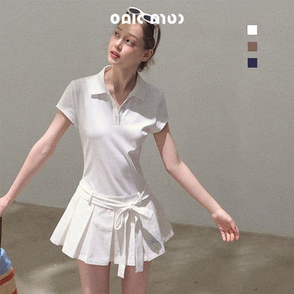 Waist-Tie Pleated Polo Dress