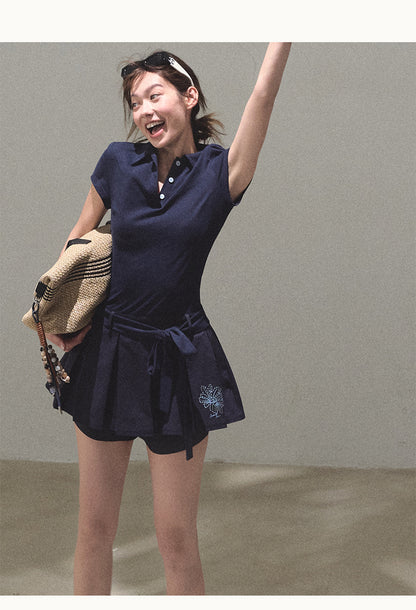 Waist-Tie Pleated Polo Dress