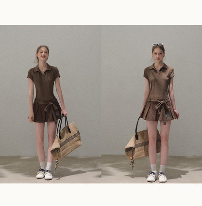 Waist-Tie Pleated Polo Dress