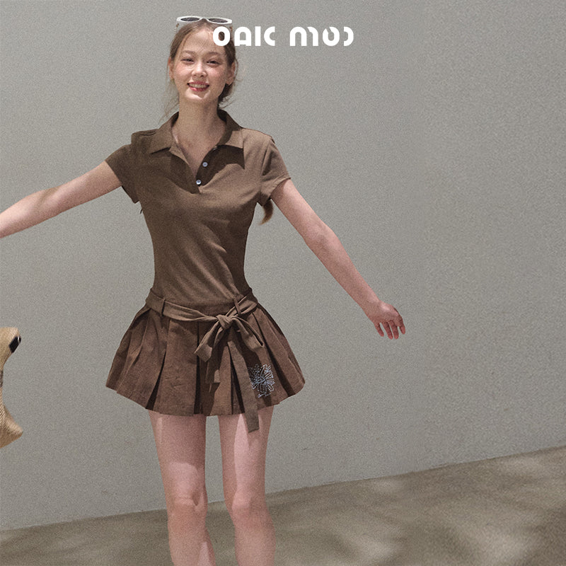 Waist-Tie Pleated Polo Dress