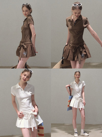 Waist-Tie Pleated Polo Dress