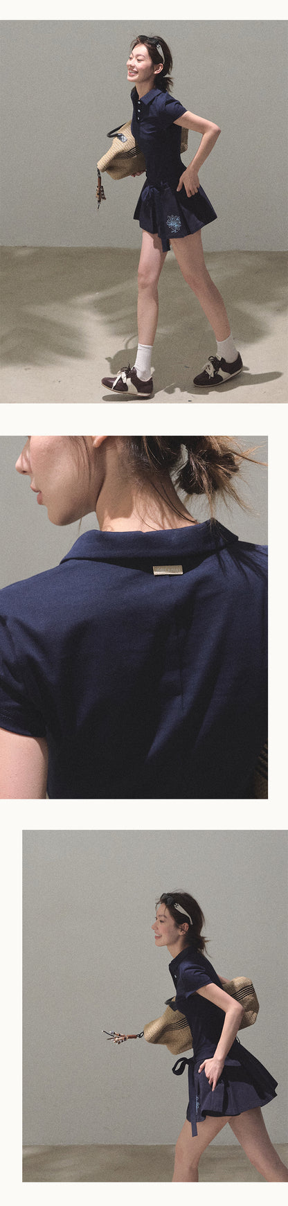 Waist-Tie Pleated Polo Dress