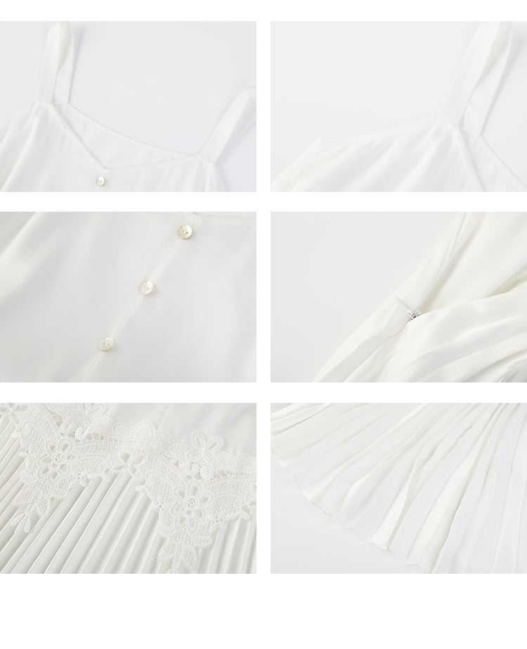 Accordion Pleated Strap Dress With Lace Trim