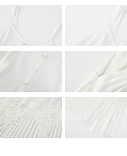Accordion Pleated Strap Dress With Lace Trim