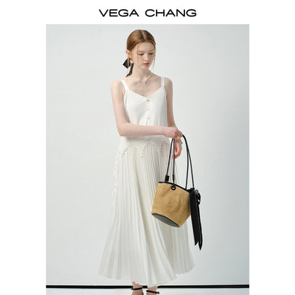 Accordion Pleated Strap Dress With Lace Trim
