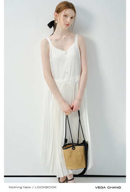 Accordion Pleated Strap Dress With Lace Trim