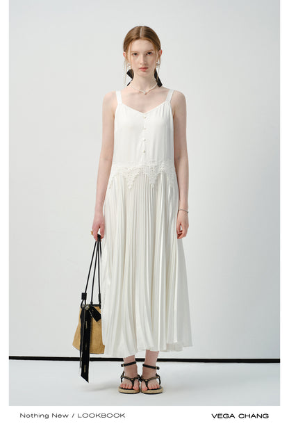 Accordion Pleated Strap Dress With Lace Trim