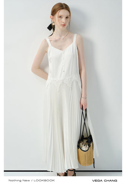 Accordion Pleated Strap Dress With Lace Trim