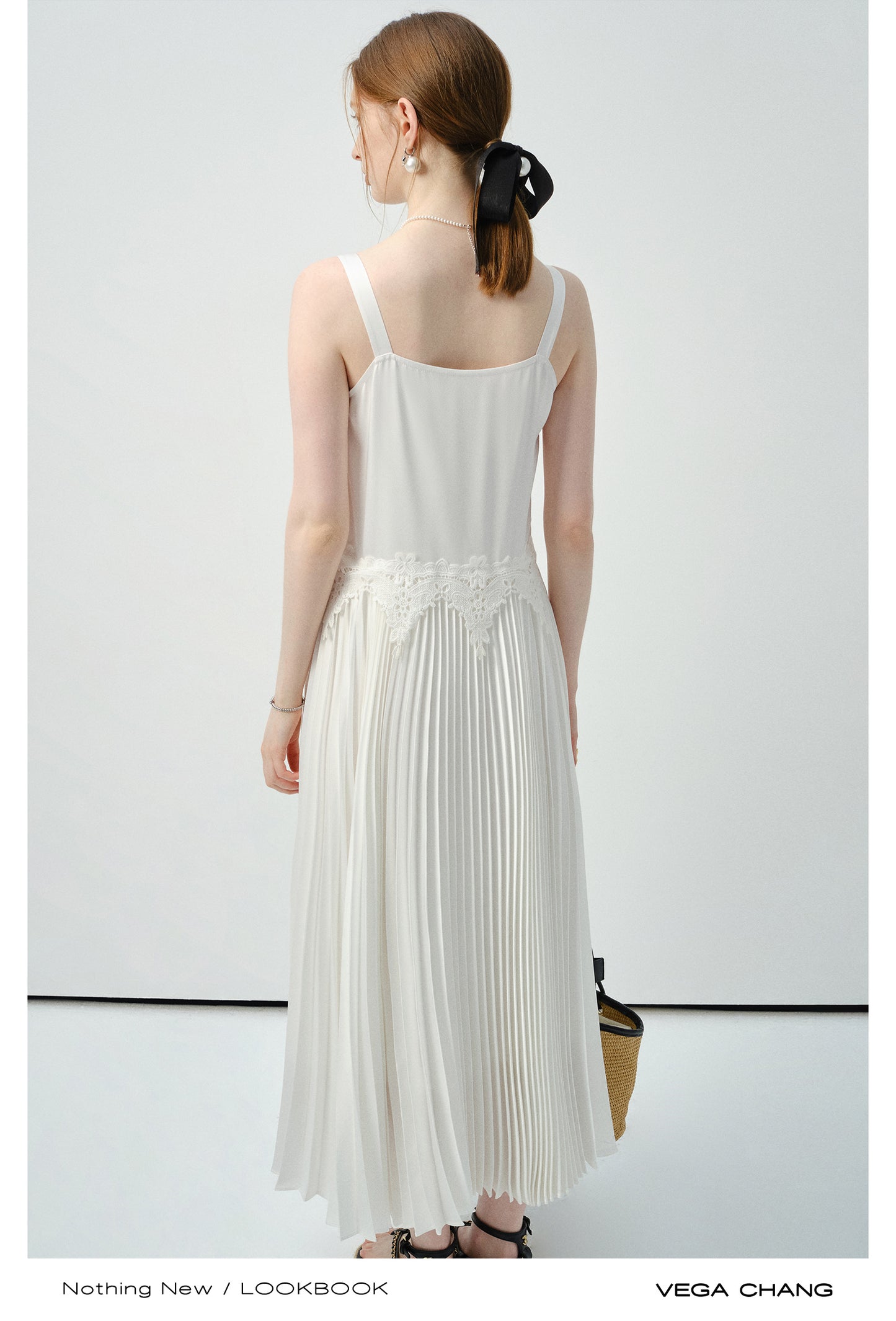 Accordion Pleated Strap Dress With Lace Trim