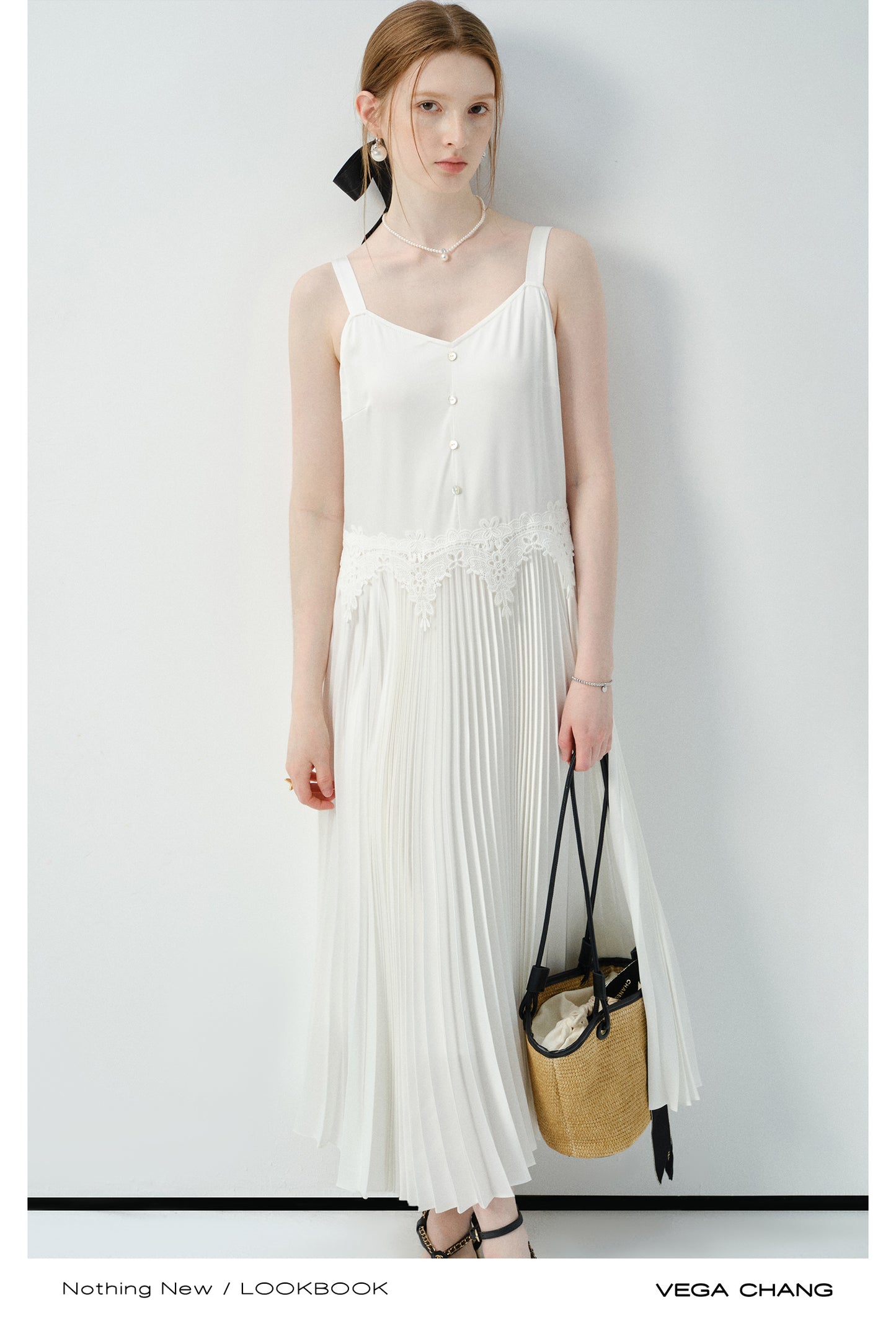 Accordion Pleated Strap Dress With Lace Trim