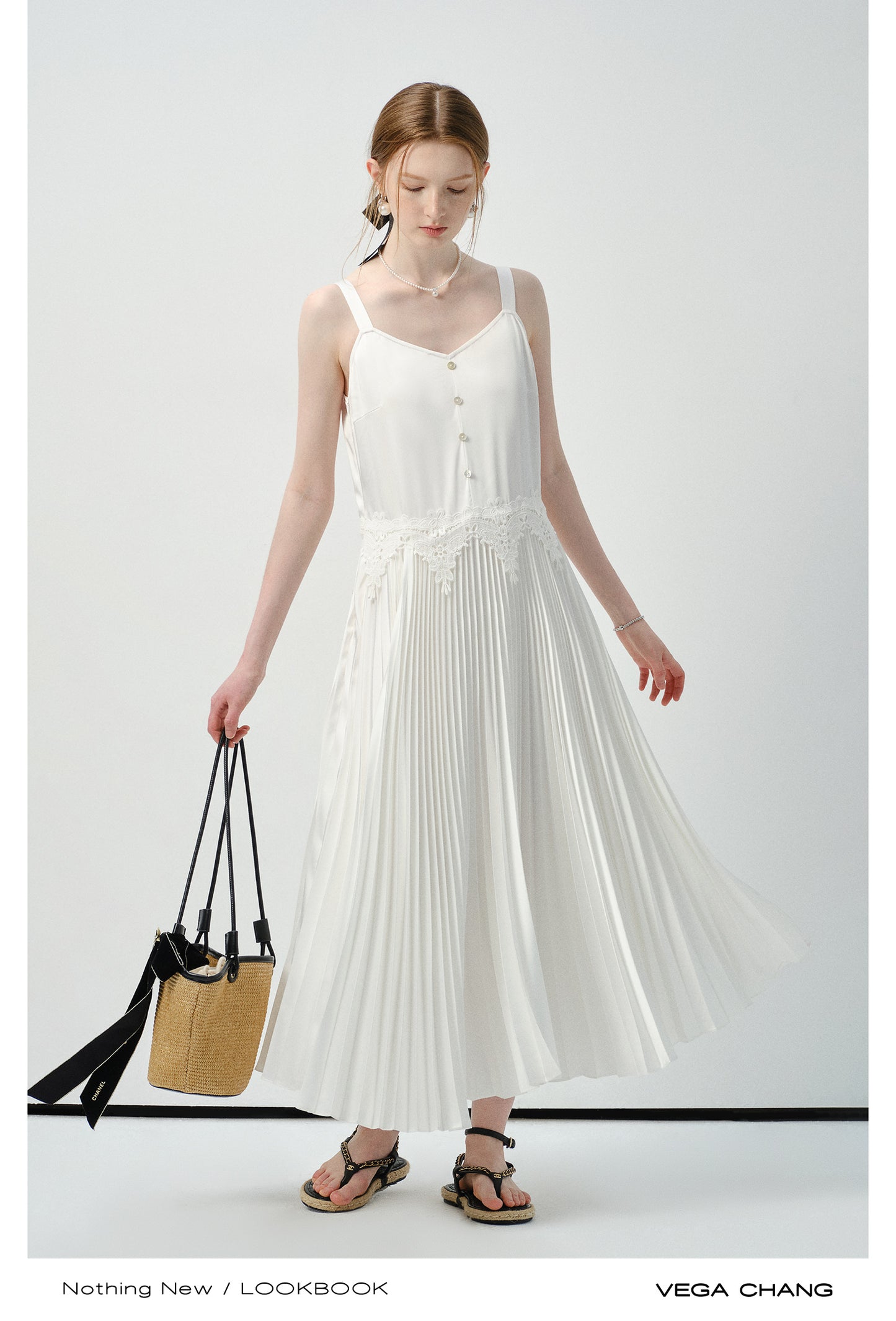 Accordion Pleated Strap Dress With Lace Trim