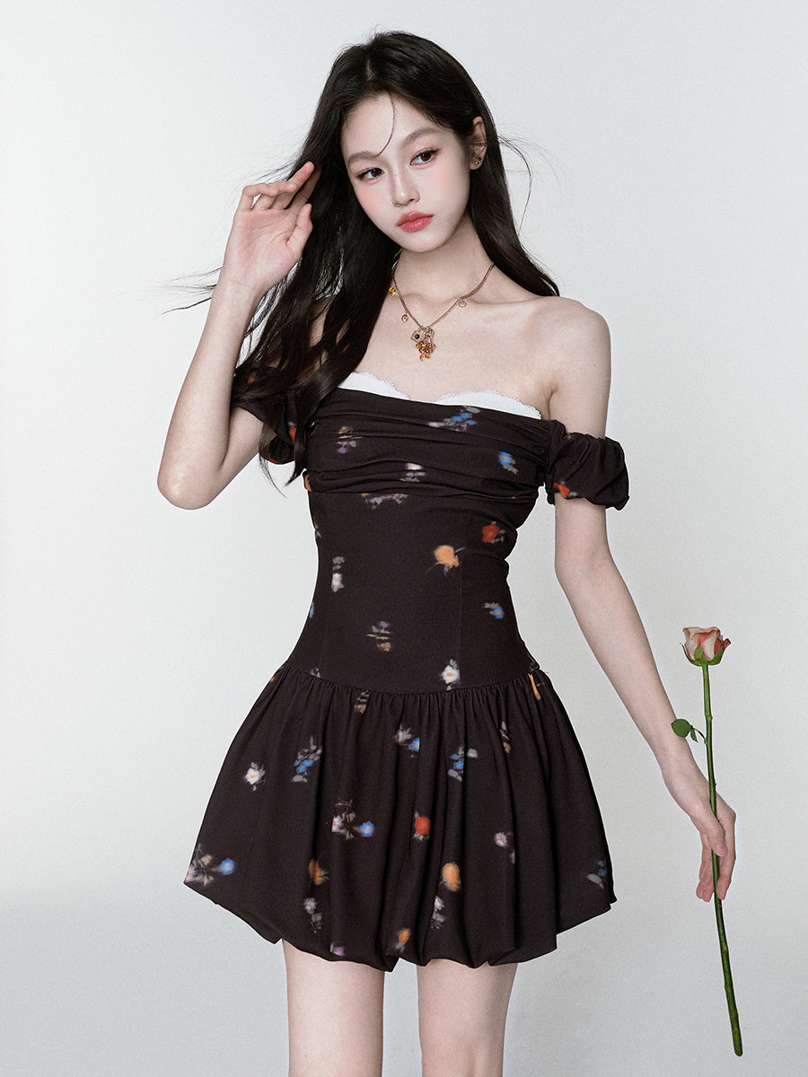 Floral Bubble-Hem Off-Shoulder Dress