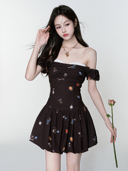 Floral Bubble-Hem Off-Shoulder Dress