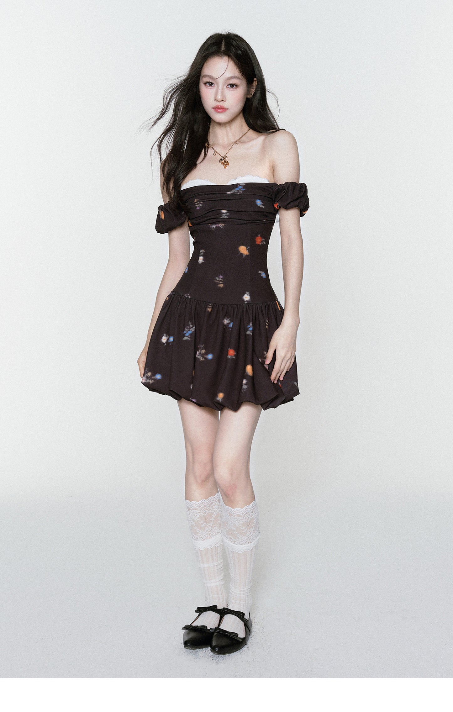 Floral Bubble-Hem Off-Shoulder Dress