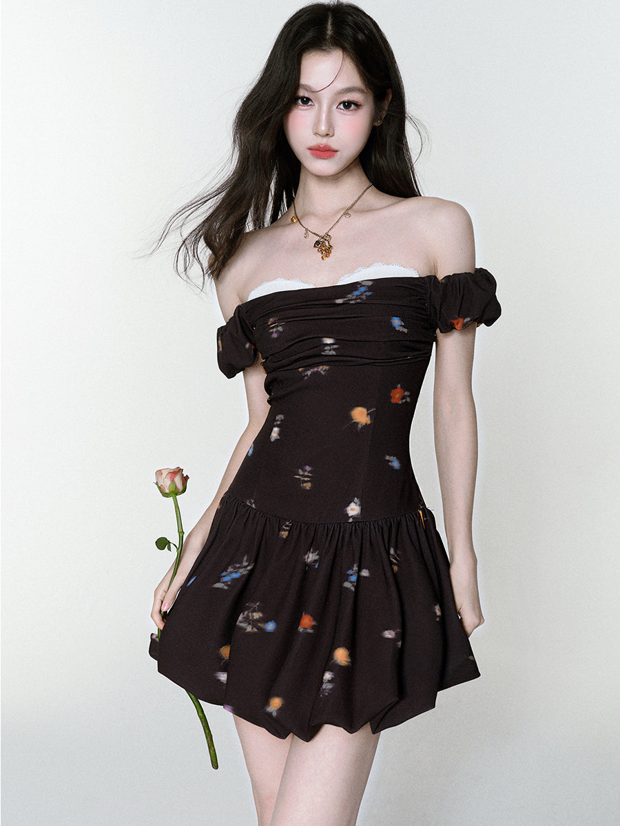Floral Bubble-Hem Off-Shoulder Dress