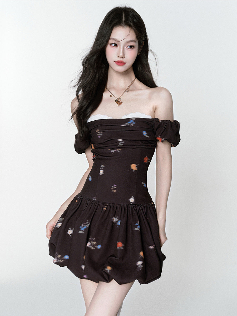 Floral Bubble-Hem Off-Shoulder Dress