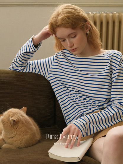 Striped Cotton Boat Neck T-Shirt