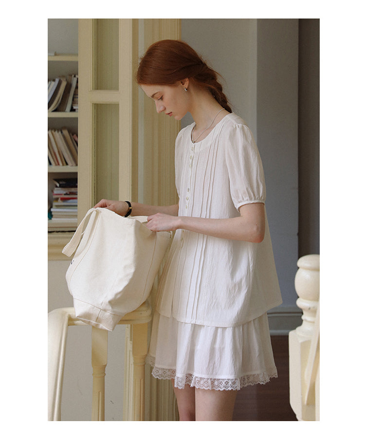 Round-Neck Pintuck Blouse & Lace-Trimmed Skirt