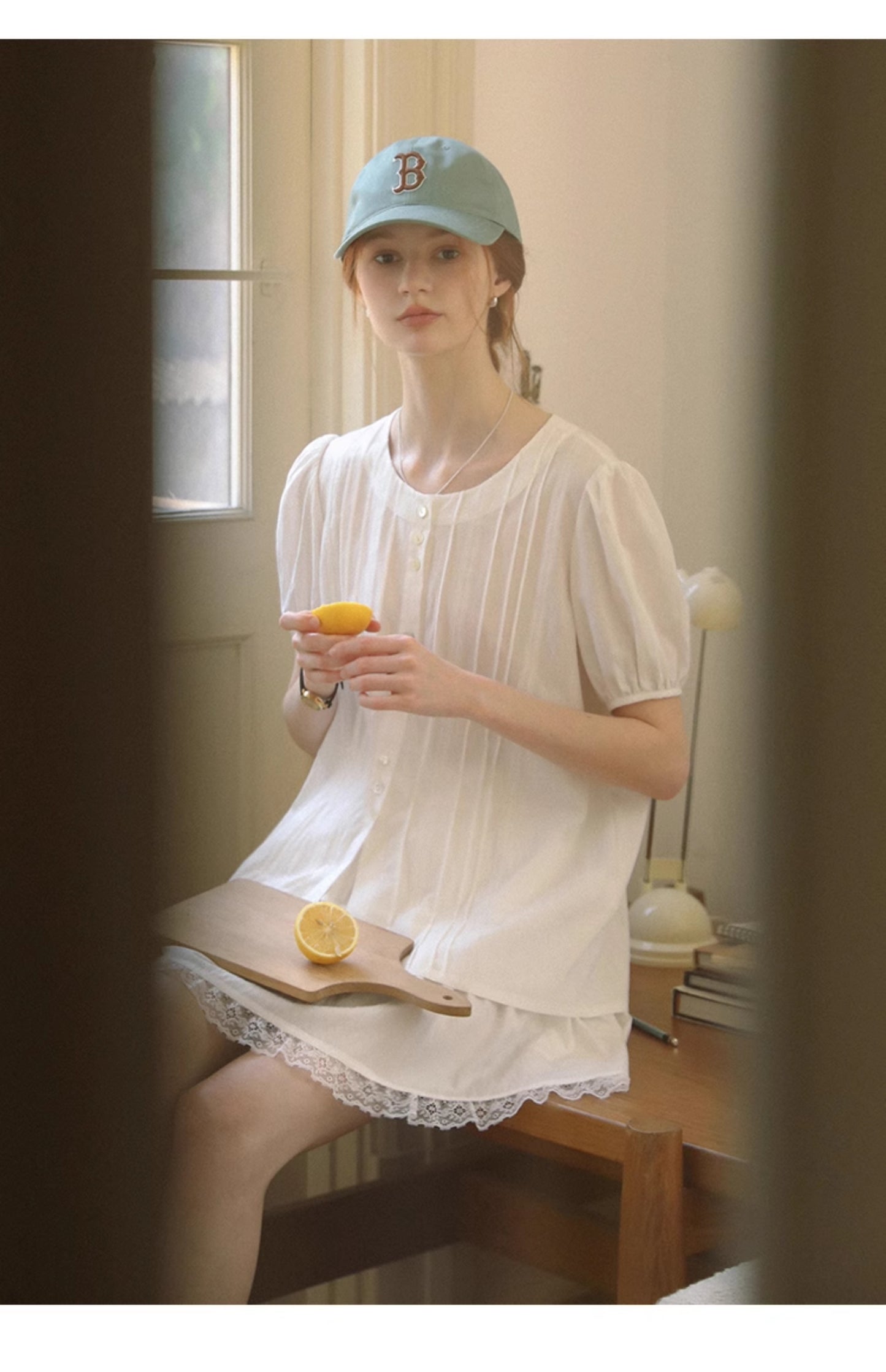 Round-Neck Pintuck Blouse & Lace-Trimmed Skirt
