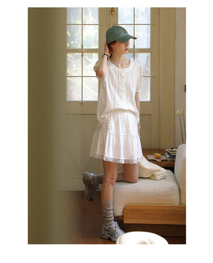 Round-Neck Pintuck Blouse & Lace-Trimmed Skirt