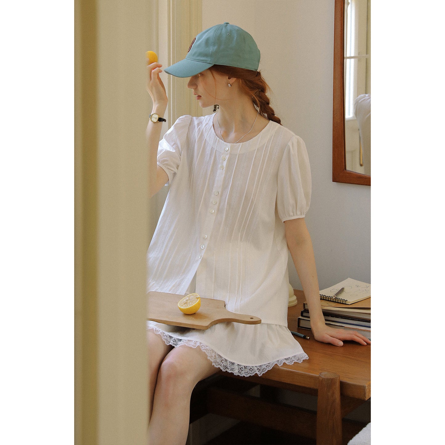 Round-Neck Pintuck Blouse & Lace-Trimmed Skirt