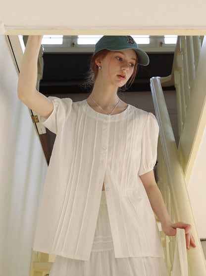 Round-Neck Pintuck Blouse & Lace-Trimmed Skirt