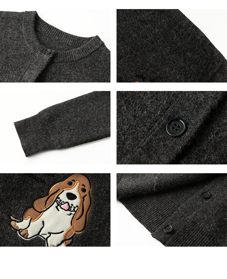 Puppy Appliqué Round Neck Knit Cardigan