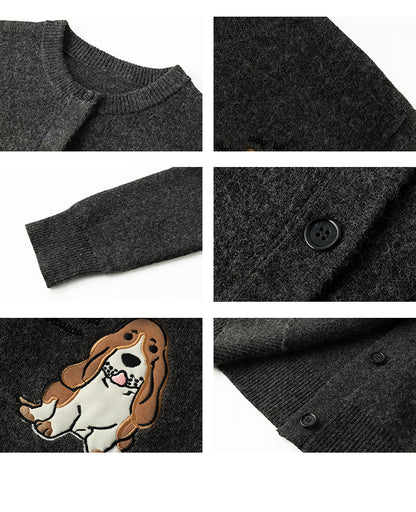 Puppy Appliqué Round Neck Knit Cardigan