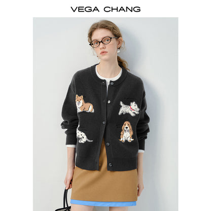 Puppy Appliqué Round Neck Knit Cardigan