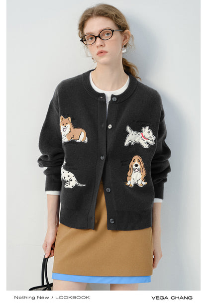 Puppy Appliqué Round Neck Knit Cardigan