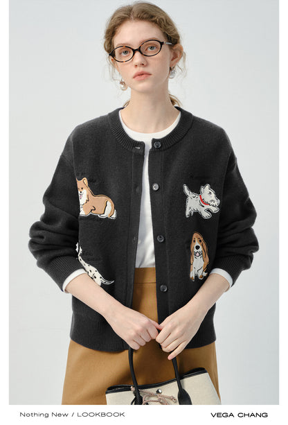 Puppy Appliqué Round Neck Knit Cardigan