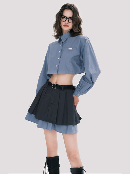 Cropped Cotton Shirt And Low-Rise Layered Skirt