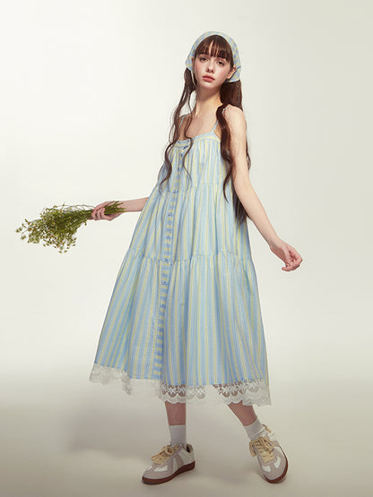 Striped Or Embroidered Button-Up Dress With Headscarf