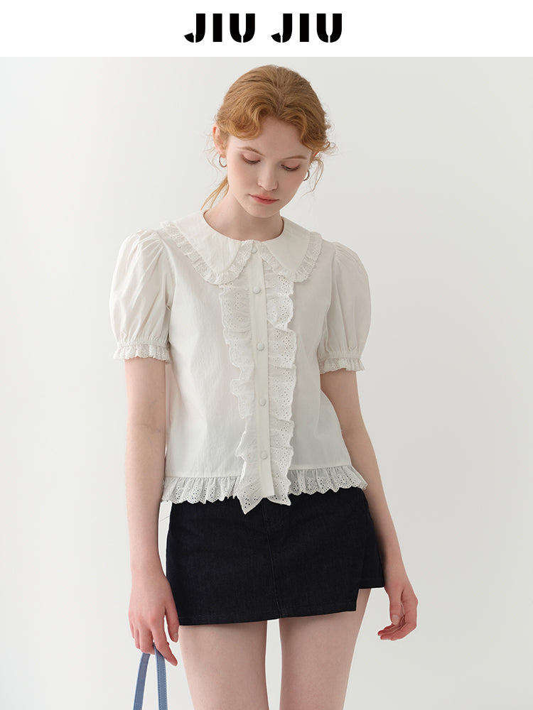 Doll-Collar Frilled Cotton Lace Blouse
