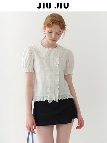 Doll-Collar Frilled Cotton Lace Blouse